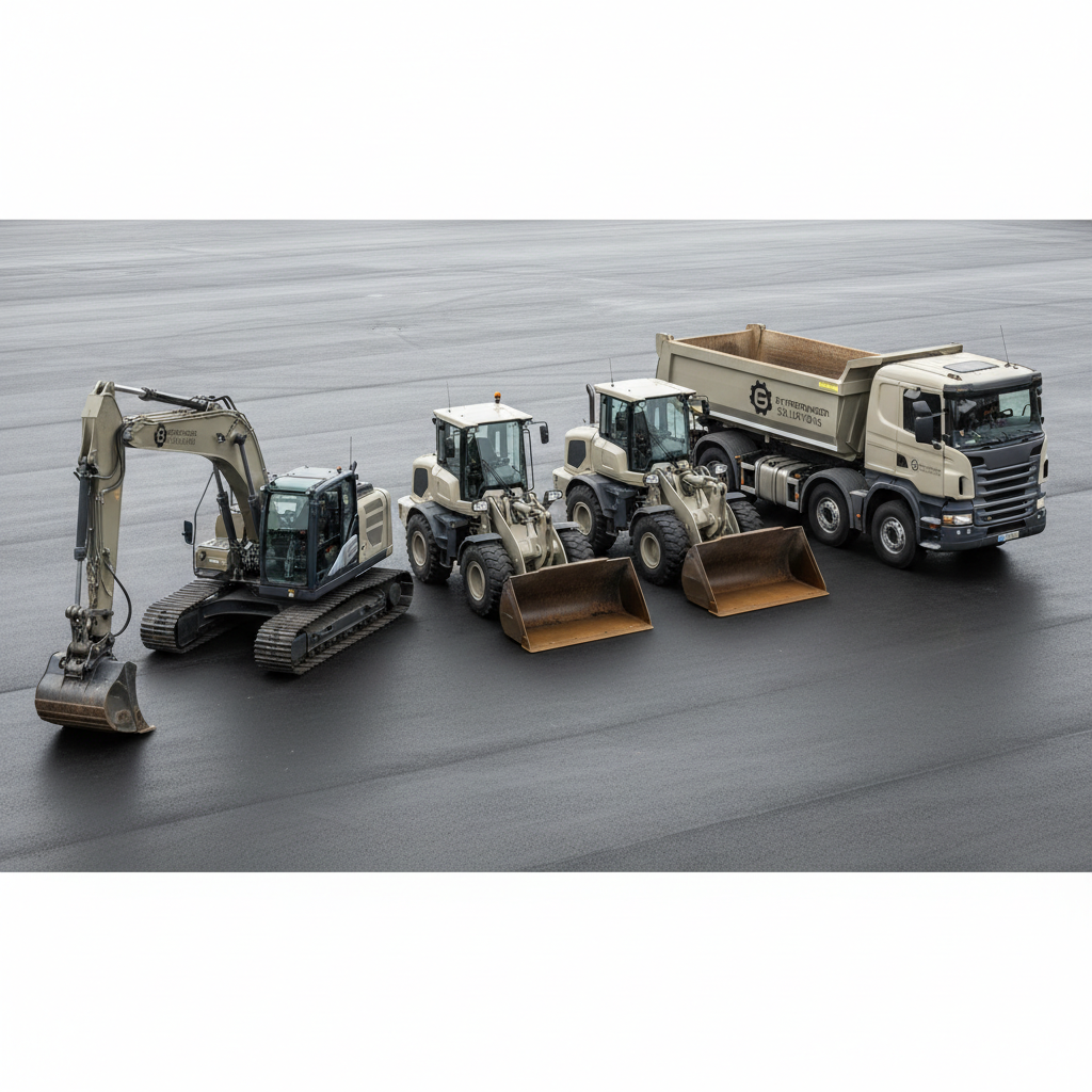 A tidy line-up of construction machinery including a mid-sized excavator, a compact wheel loader, and a robust dump truck, all branded in matching neutral colors, arranged in a straight row on an asphalt yard. The ground is dry and slightly reflective, adding subtle sheen under a bright but diffused sky. The lighting is natural daytime light, evenly distributed, highlighting clean paintwork and well-kept metal surfaces. The mood is orderly, dependable, and corporate, emphasizing fleet capability and readiness. Shot from a slightly elevated wide-angle perspective with sharp focus throughout, the composition follows clean horizontal lines and balanced spacing between vehicles, creating a structured, catalog-like visual. The photographic style is clean and modern, ideal for a services overview section for an entreprenør company.