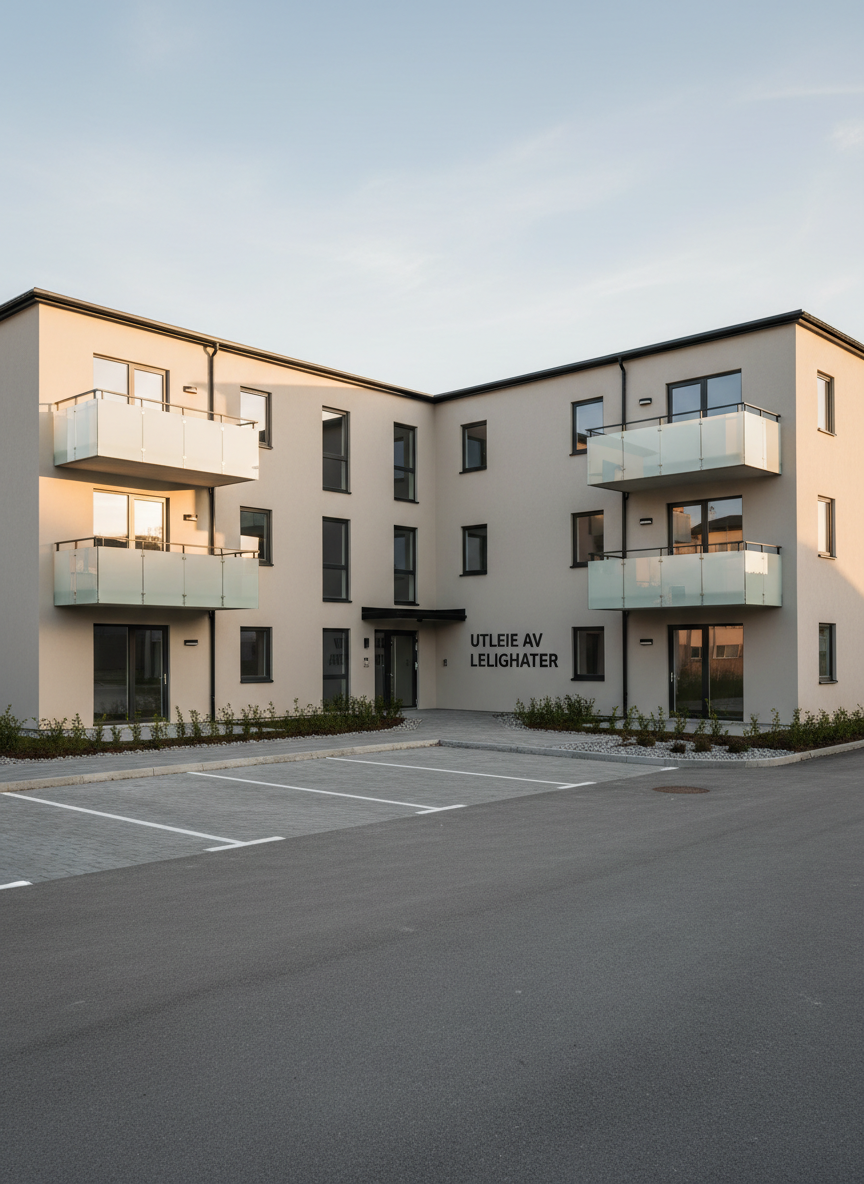 A newly finished, clean two-story apartment building offered for utleie av leiligheter, with light-colored plaster facades, dark-framed windows, and simple glass balcony railings. The building stands on a neatly paved courtyard with organized parking spaces and carefully edged gravel borders. Soft late-afternoon natural light casts gentle, elongated shadows along the facade, enhancing architectural lines without creating drama. The mood is calm, orderly, and inviting in a professional, corporate way. The camera is positioned at a slightly elevated angle facing one corner of the building, using the rule of thirds to balance architecture and sky. The sky is pale and unobtrusive, ensuring focus stays on the property. Photographic realism with clean lines, neutral tones, and a minimalist aesthetic supports a serious entreprenør and rental brand.