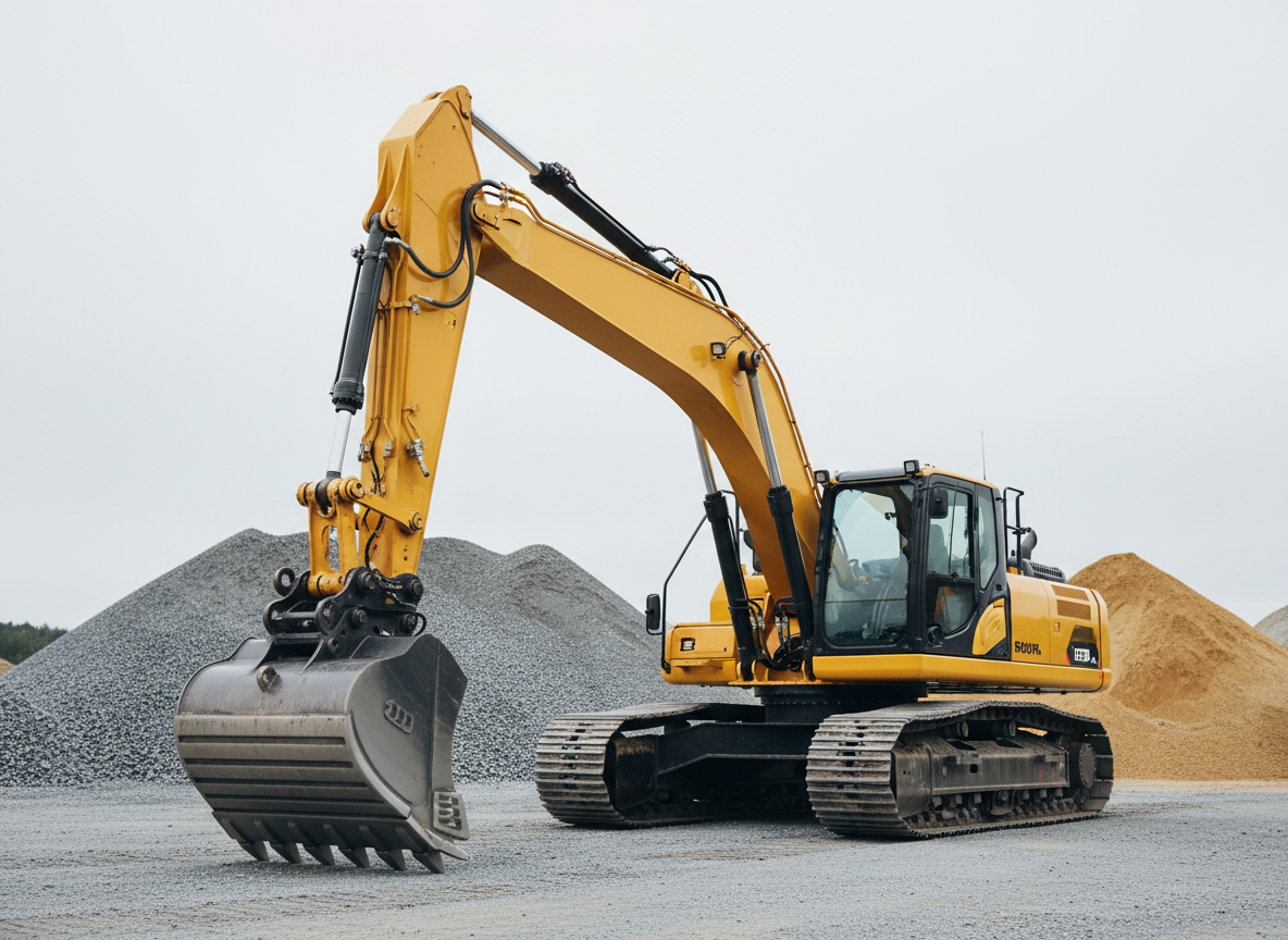 A large, clean yellow excavator with sharp, well-maintained bucket teeth parked on a leveled gravel construction site, its metal tracks resting firmly on compacted ground. Behind it, neatly organized piles of crushed stone and sand form clear layers of texture. Soft overcast daylight provides even, diffused illumination, minimizing harsh shadows and emphasizing the machine’s contours and hydraulic lines. The mood is professional and controlled, suggesting precision and reliability. Captured at eye level with a slight three-quarter angle, the excavator dominates the frame while the background gradually blurs, maintaining focus on the equipment. The style is photographic realism with clean lines, neutral tones, and a corporate, structured composition suitable for a Norwegian entreprenør company’s homepage hero image.