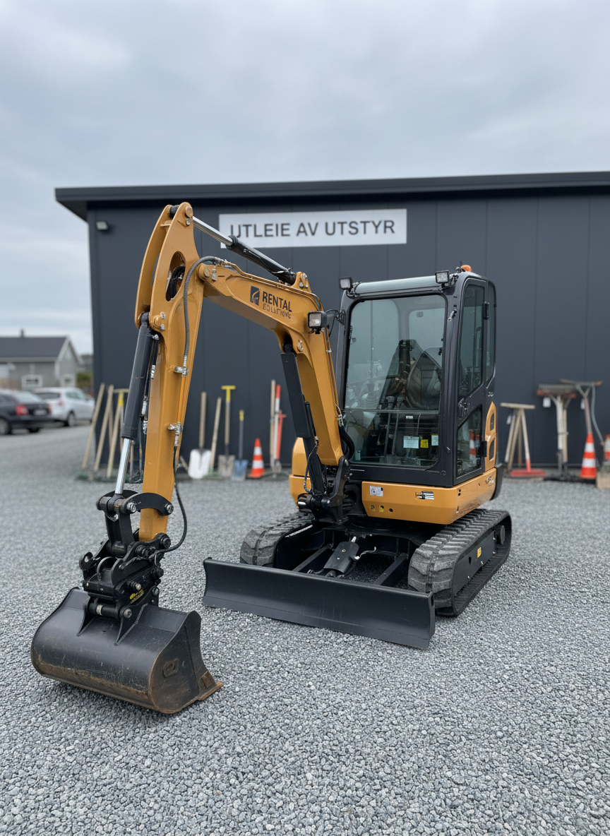 A compact, modern rental excavator with rubber tracks and a quick-coupler bucket attachment positioned neatly in front of a small equipment storage building, showcasing utleie av utstyr. The machine’s control cabin is spotless, with clear glass reflecting soft daylight, and the bodywork displays subtle, understated branding. The gravel surface beneath is smooth and uniformly raked, adding to the impression of order and care. Overcast sky provides diffused natural light, eliminating hard shadows and bringing out fine surface details. The atmosphere is calm, trustworthy, and businesslike. Captured from an eye-level perspective with shallow depth of field, the excavator is in sharp focus while the building and stacked tools in the background gently blur. The photographic style is clean and modern, with structured composition and neutral color grading.