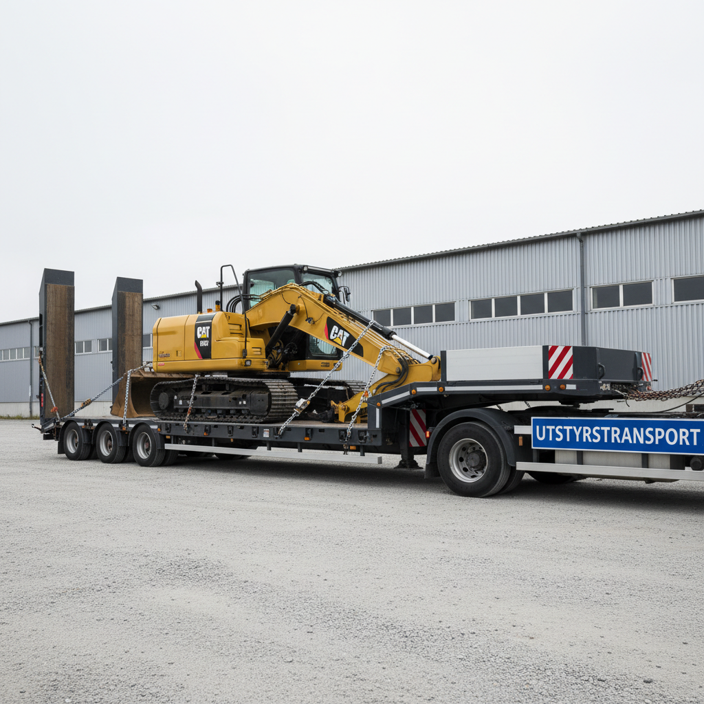 A sturdy flatbed trailer loaded with a mid-sized excavator securely fastened with bright metal tie-down chains, parked on a clean gravel lot designated for utstyrstransport. The excavator’s arm is folded neatly, and safety markings are clearly visible on both trailer and machine. The environment includes a simple industrial-style warehouse in the distant background, slightly out of focus, with a pale gray sky providing soft, consistent light. The mood is safe, controlled, and highly professional, emphasizing careful handling of valuable equipment. Shot from a three-quarter front angle at eye level, with a long focal length for minimal distortion, the composition is balanced and uncluttered. Photographic realism with clean lines and neutral tones creates a corporate aesthetic suitable for a transport services page.