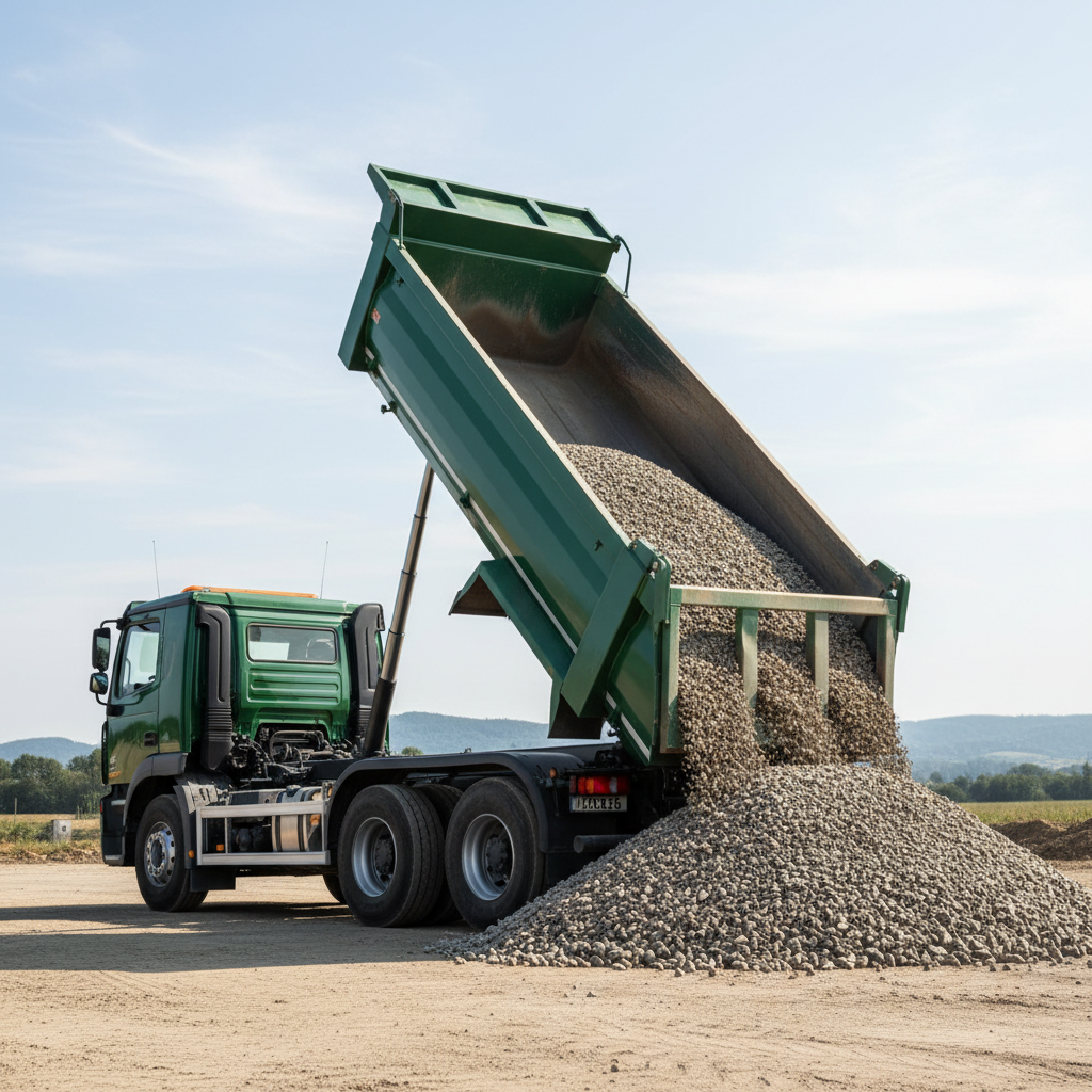 A heavy-duty tipper truck with a raised steel cargo bed releasing a controlled flow of gravel onto a clearly defined drop zone, the aggregate forming a precise cone-shaped pile on compacted earth. The truck’s chassis and tires are clean and well-maintained, emphasizing professionalism over roughness. The scene is set on a semi-rural work site with blurred tree lines and low hills in the distant background. Bright midday natural light casts crisp but not harsh shadows, clearly defining the gravel texture and truck details. The atmosphere is efficient and methodical, focused on massetransport reliability. Captured from a low-angle side view with the truck centered using rule-of-thirds placement, the photographic realism and neutral, muted color palette reinforce a serious, corporate entreprenør profile.